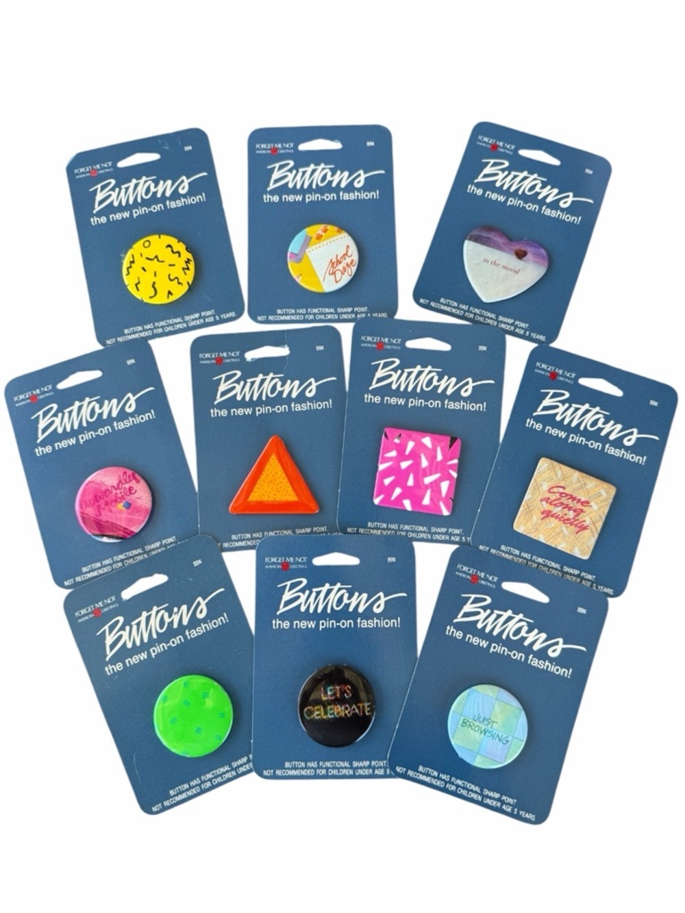 VTG Fashion Pinback Button 10-Piece Bundle American Greetings 80s Deadstock 1.5”